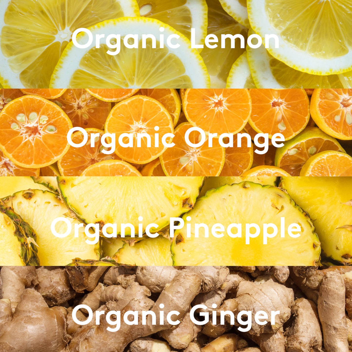 An ingredient graphic listing organic lemon, organic orange, organic pineapple, and organic ginger, with an image representing each ingredient.