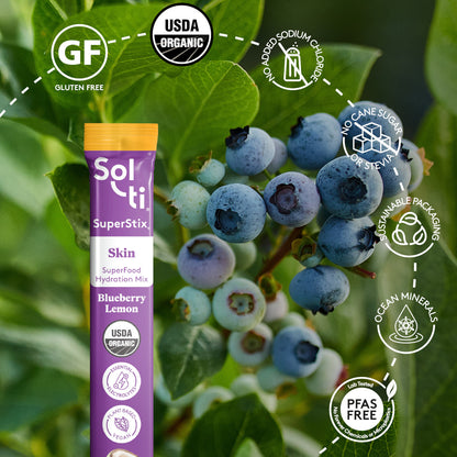 Blueberry Lemon SuperStix pack with front label on blueberries background, with logo benefits: Gluten Free, USDA Organic, no added sodium, no cane sugar, sustainable packaging, Ocean minerals and Lab tested No forever Chemicals or microplastics