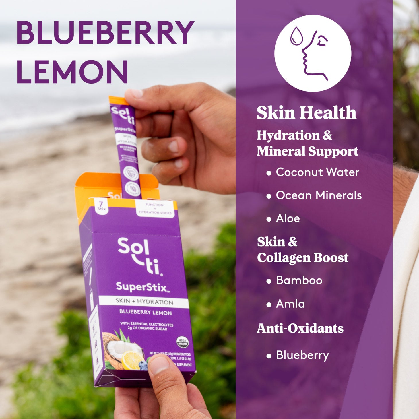 Sol-ti SuperStix Blueberry Lemon box front with stick held above on purple background, with lemon and blueberries, with text about benefits Hydration and mineral support, Skin and collagen boost and Anti-Oxidants