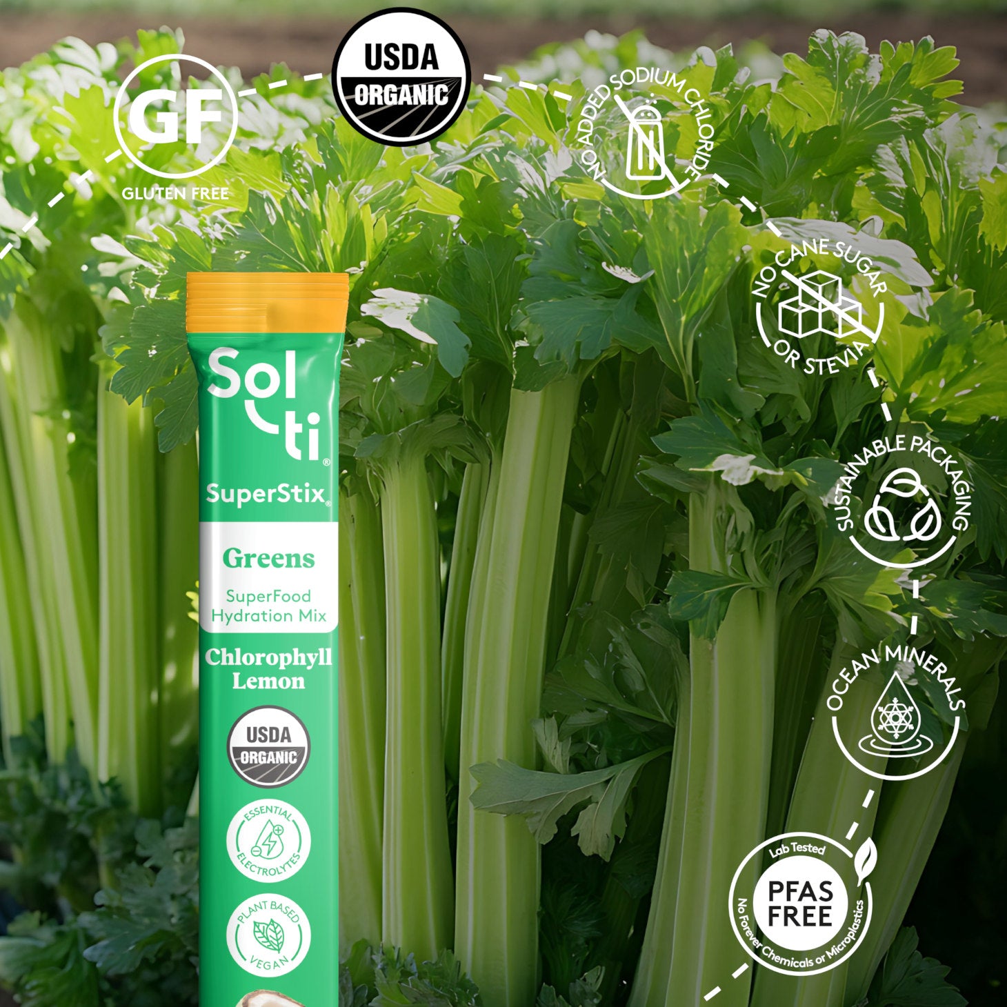 Chlorophyll Lemon SuperStix pack with front label on celeries background, with logo benefits: Gluten Free, USDA Organic, no added sodium, no cane sugar, sustainable packaging, Ocean minerals and Lab tested No forever Chemicals or microplastics