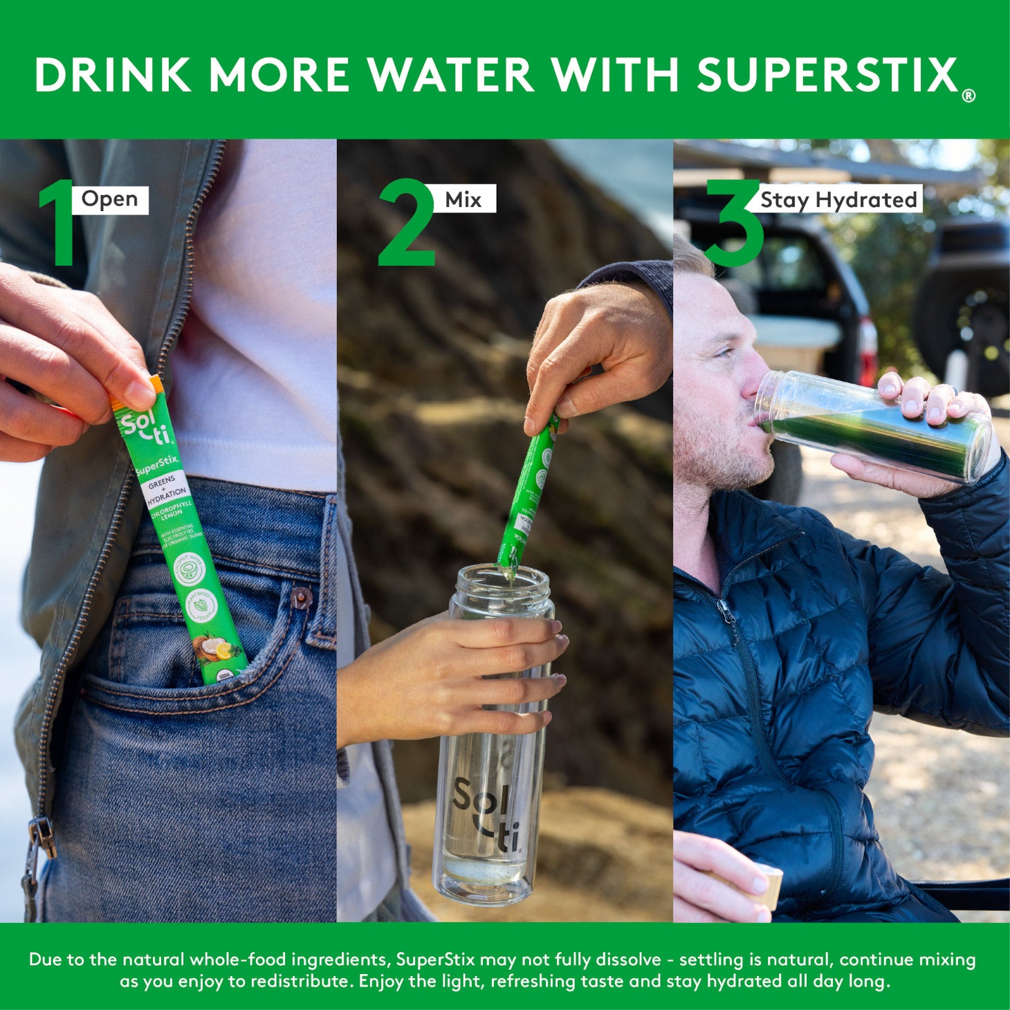 Sol-ti SuperStix stick used in three steps on green background: open, mix in bottle, and stay hydrated