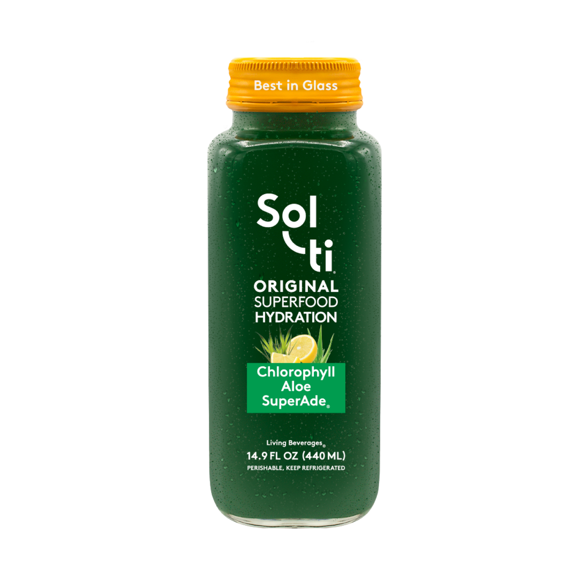 Sol-ti Chlorophyll Aloe SuperAde  glass bottle with a transparent front label and a yellow cap, shown against a light background