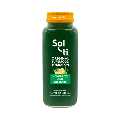 Sol-ti Chlorophyll Aloe SuperAde  glass bottle with a transparent front label and a yellow cap, shown against a light background
