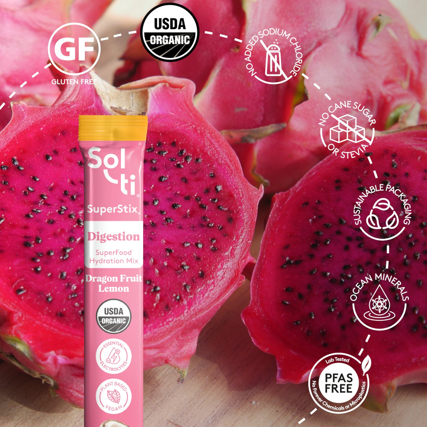 Dragon Fruit Lemon SuperStix pack with front label on dragon fruit background, with logo benefits: Gluten Free, USDA Organic, no added sodium, no cane sugar, sustainable packaging, Ocean minerals and Lab tested No forever Chemicals or microplastics