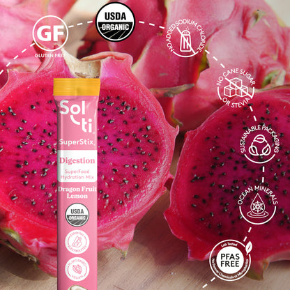 Dragon Fruit Lemon SuperStix pack with front label on dragon fruit background, with logo benefits: Gluten Free, USDA Organic, no added sodium, no cane sugar, sustainable packaging, Ocean minerals and Lab tested No forever Chemicals or microplastics
