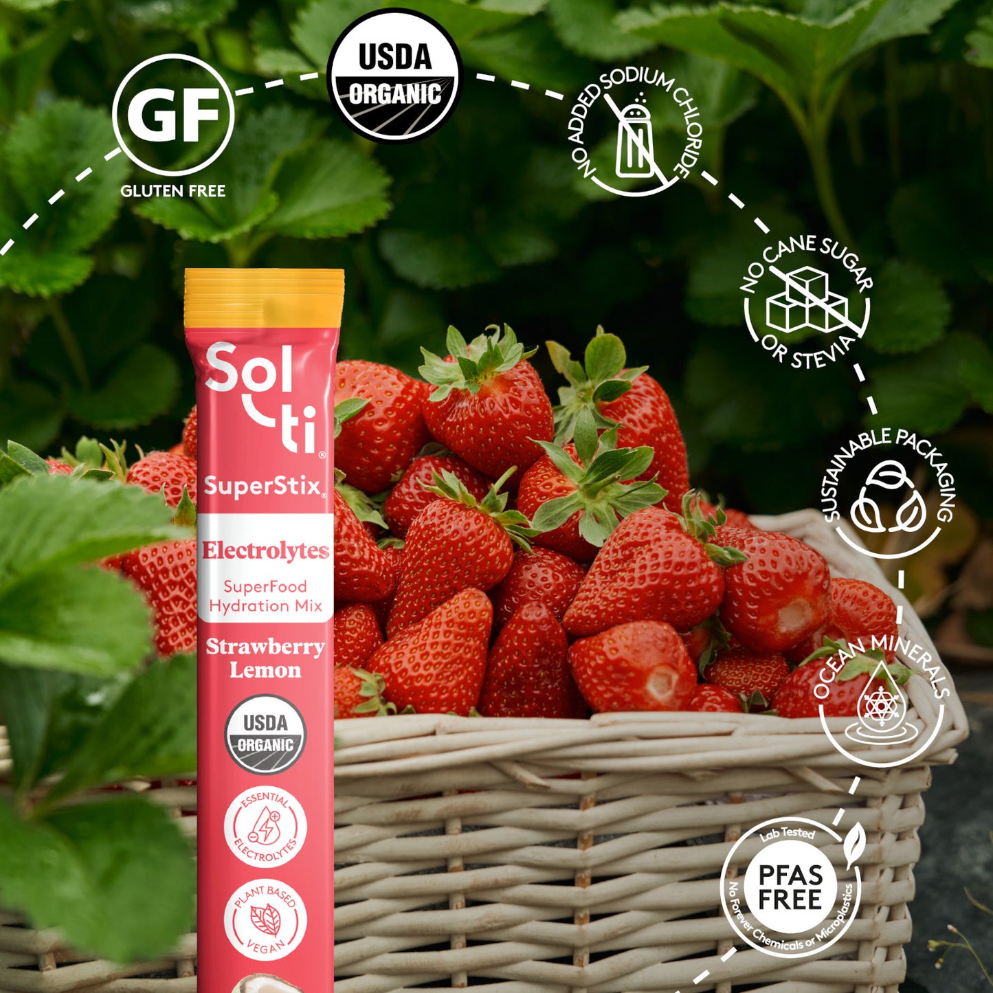 Strawberry Lemon SuperStix pack with front label on strawberries background, with logo benefits: Gluten Free, USDA Organic, no added sodium, no cane sugar, sustainable packaging, Ocean minerals and Lab tested No forever Chemicals or microplastics
