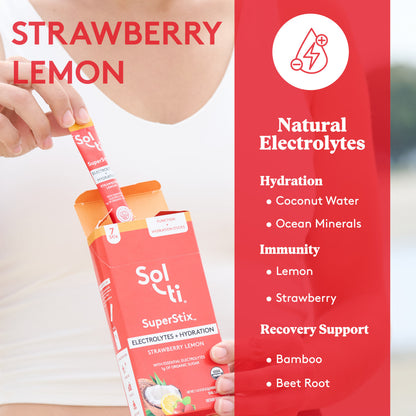 Sol-ti SuperStix Strawberry Lemon box front with stick held above on red background, with lemon and strawberries, with text about benefits Hydration, Immunity and Recovery support
