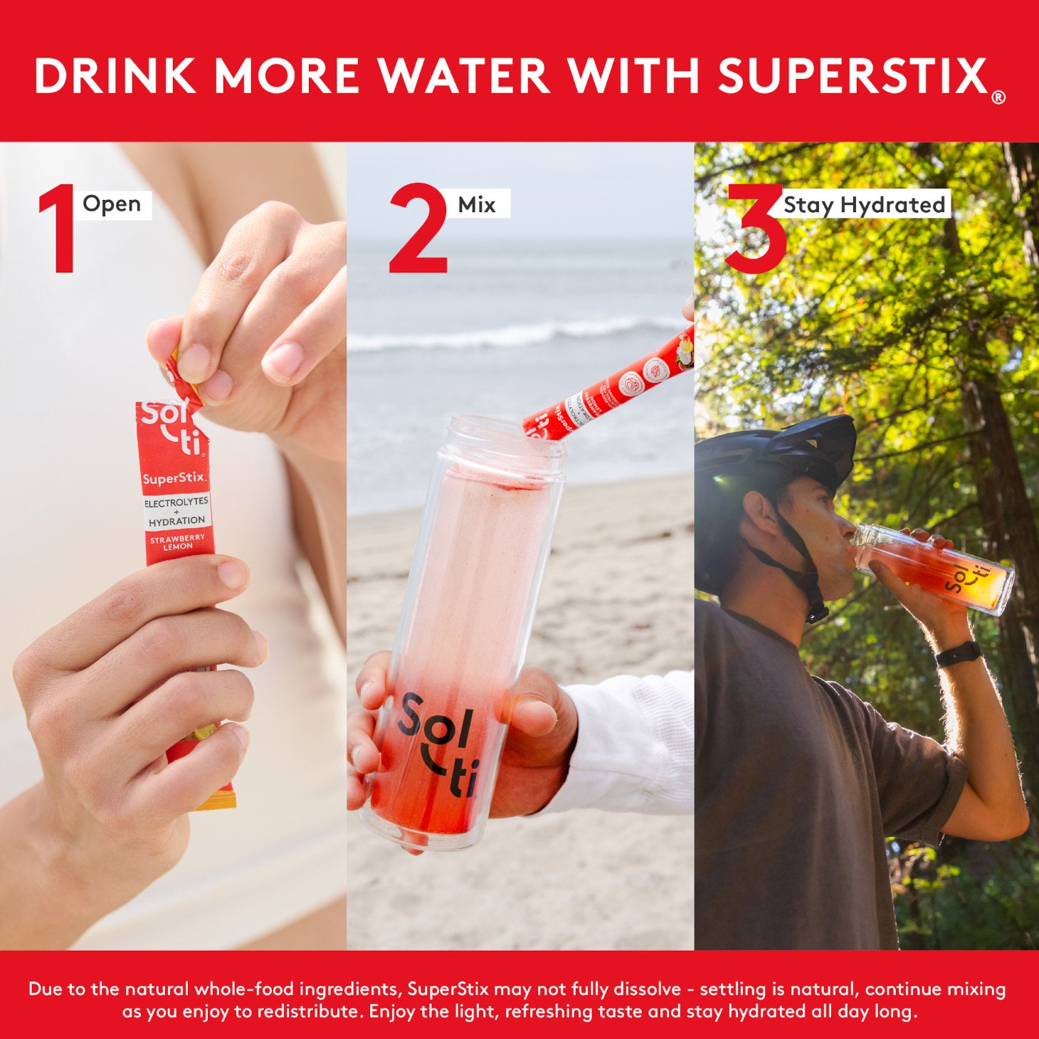 Sol-ti SuperStix Strawberry Lemon stick used in three steps on green background: open, mix in bottle, and stay hydrated
