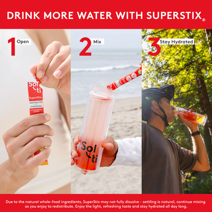 Sol-ti SuperStix Strawberry Lemon stick used in three steps on green background: open, mix in bottle, and stay hydrated
