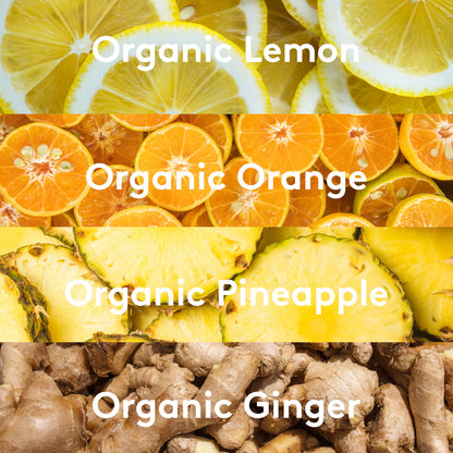 An ingredient graphic listing organic lemon, organic orange, organic pineapple, and organic ginger, with an image representing each ingredient.