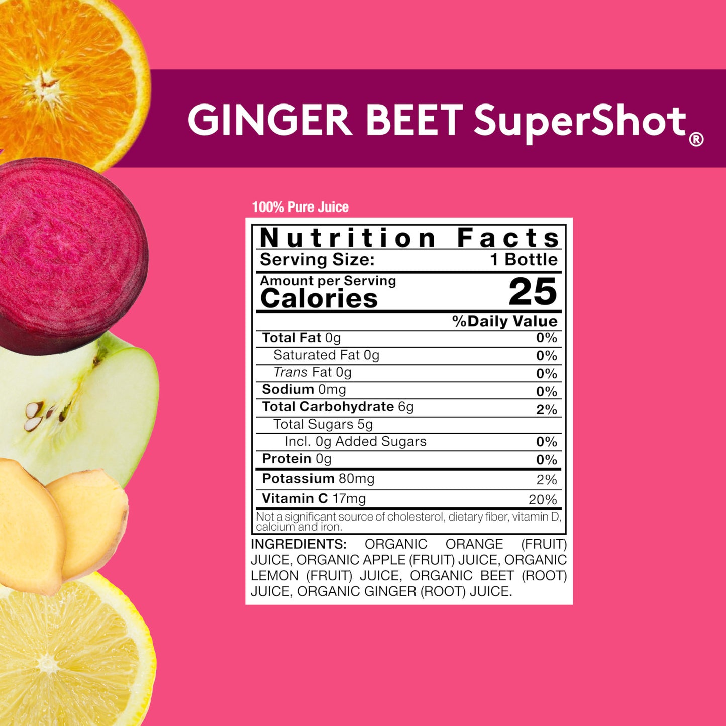 Pink background with Nutrition Facts image for Sol-ti GINGER BEET SuperShot, with details provided below.