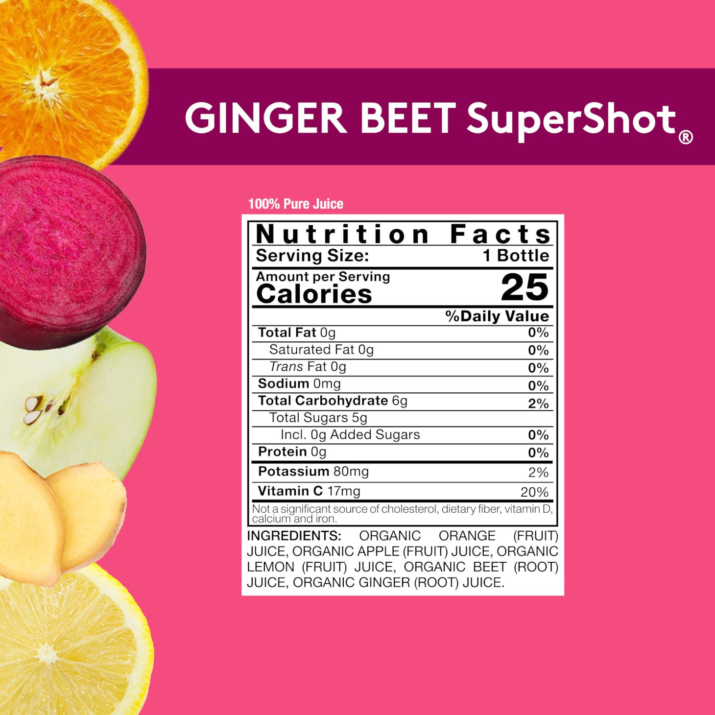 Pink background with Nutrition Facts image for Sol-ti GINGER BEET SuperShot, with details provided below.