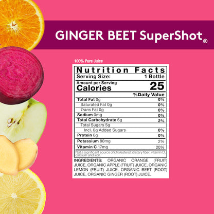 Pink background with Nutrition Facts image for Sol-ti GINGER BEET SuperShot, with details provided below.