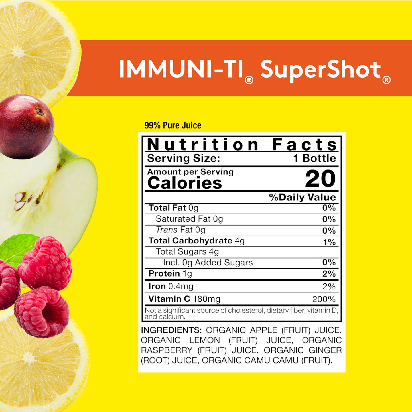 Yellow background with Nutrition Facts image for Sol-ti IMMUNI-TI SuperShot, with details provided below in the PDP