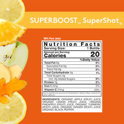 Orange background with Nutrition Facts image for Sol-ti SUPERBOOST SuperShot, with details provided below in the Product page