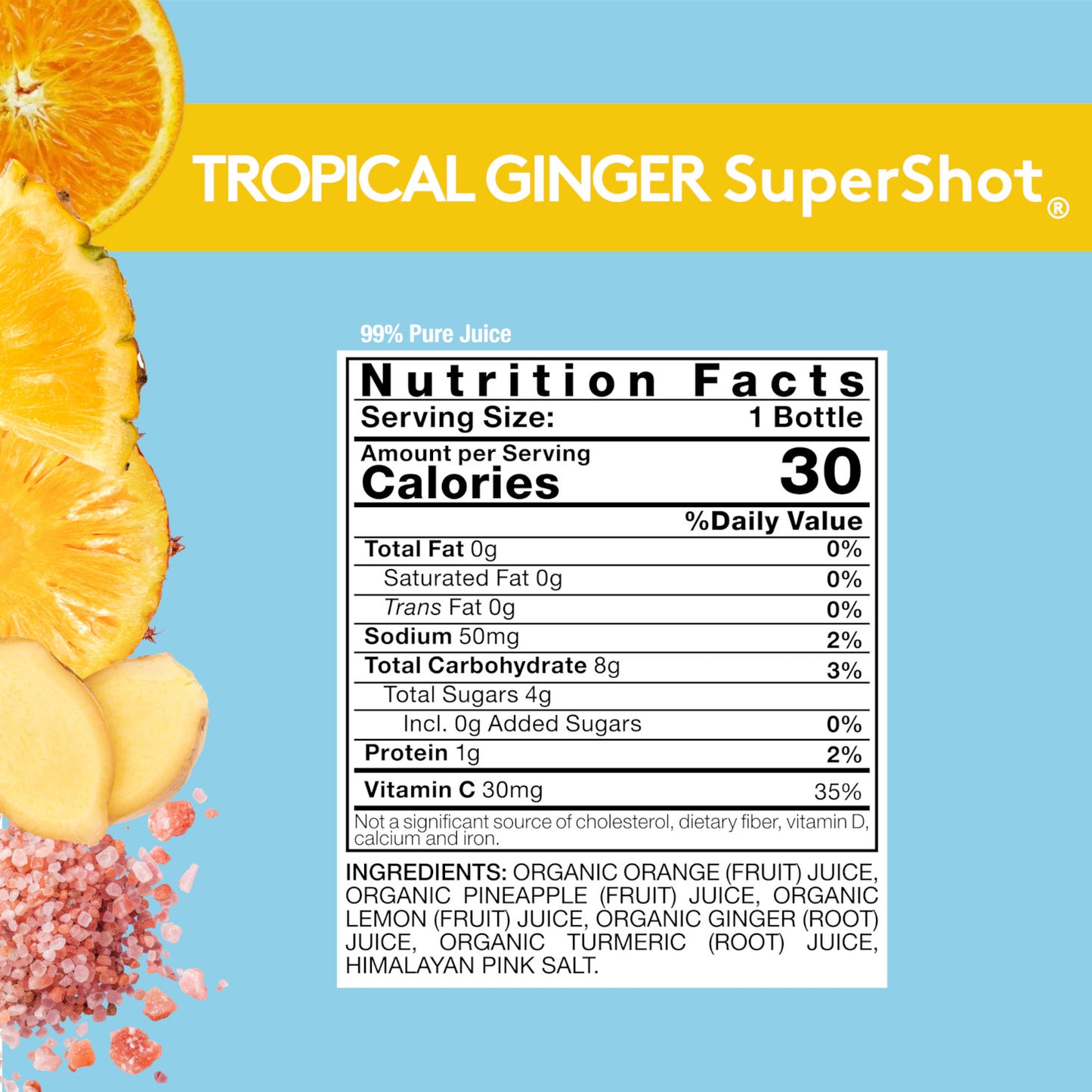 Light blue background with Nutrition Facts image for Sol-ti TROPICAL GINGER SuperShot, with details provided below in the Product page