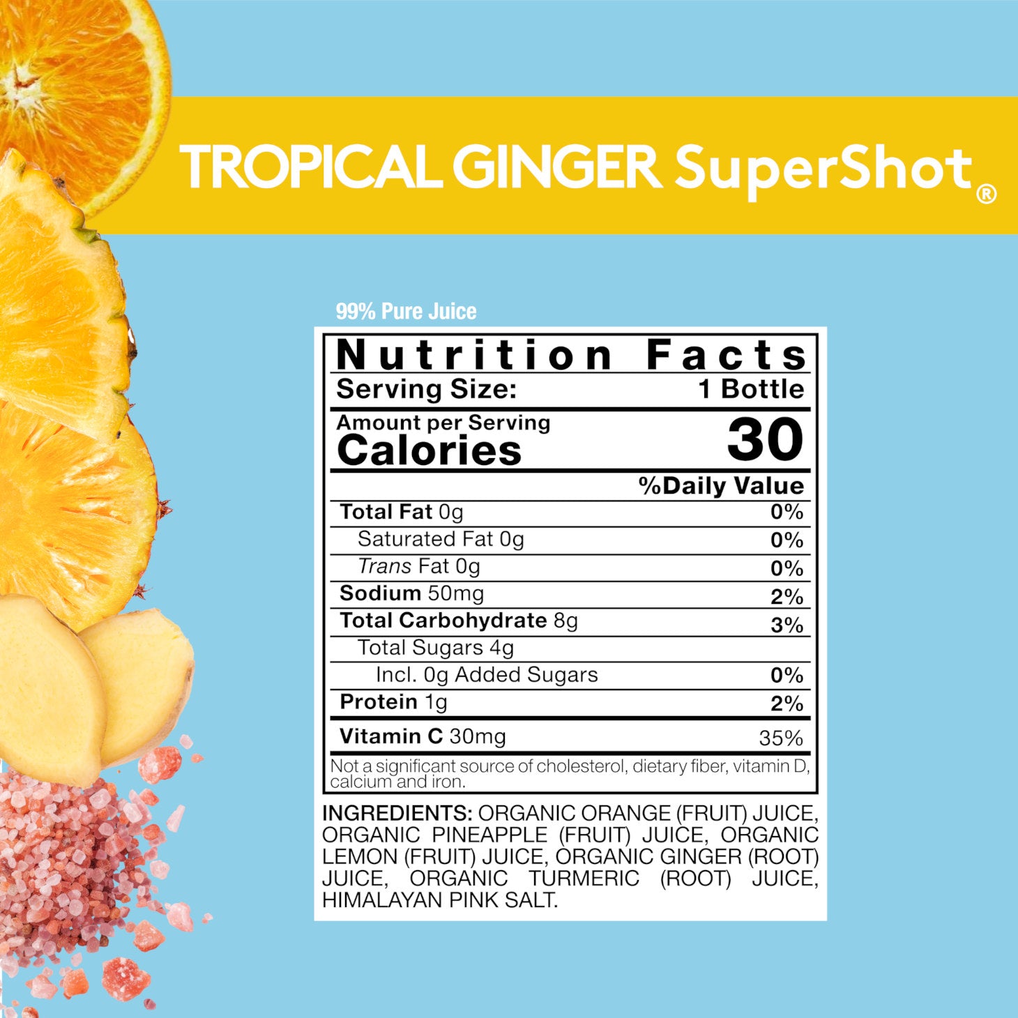 Light blue background with Nutrition Facts image for Sol-ti TROPICAL GINGER SuperShot, with details provided below in the Product page