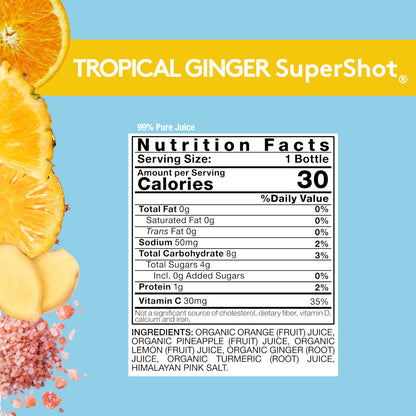 Light blue background with Nutrition Facts image for Sol-ti TROPICAL GINGER SuperShot, with details provided below in the Product page