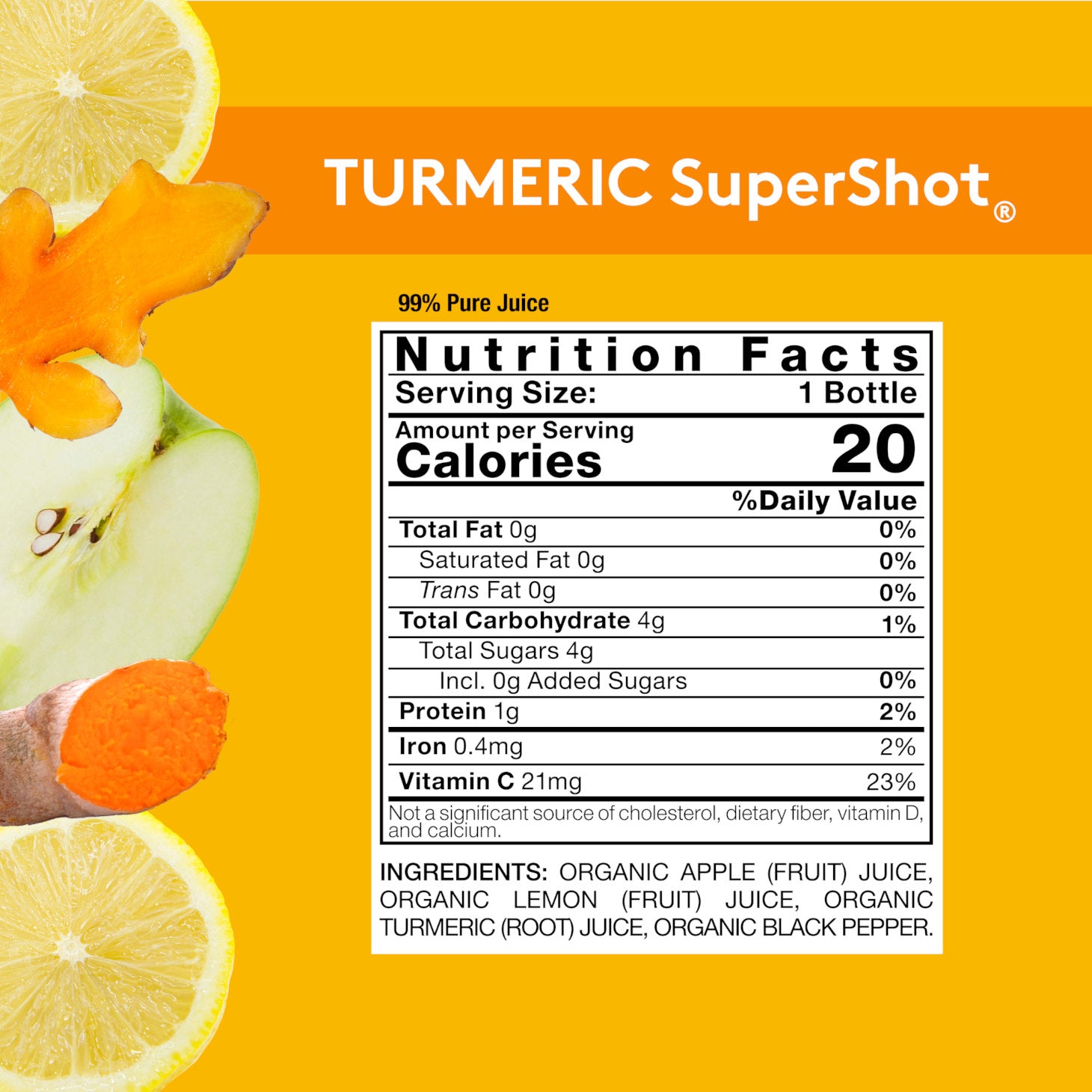 Orange background with Nutrition Facts image for Sol-ti TURMERIC SuperShot, with details provided below in the Product page
