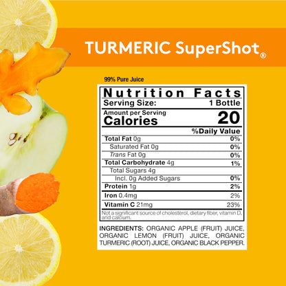 Orange background with Nutrition Facts image for Sol-ti TURMERIC SuperShot, with details provided below in the Product page